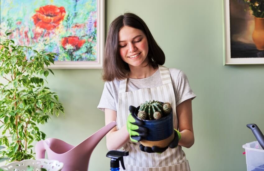 woman and cactus in pot