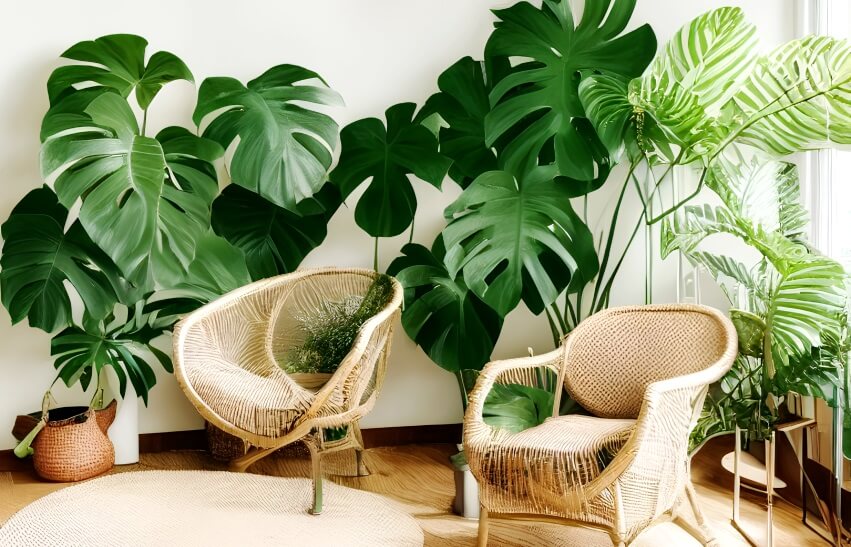 monstera plant besides chairs