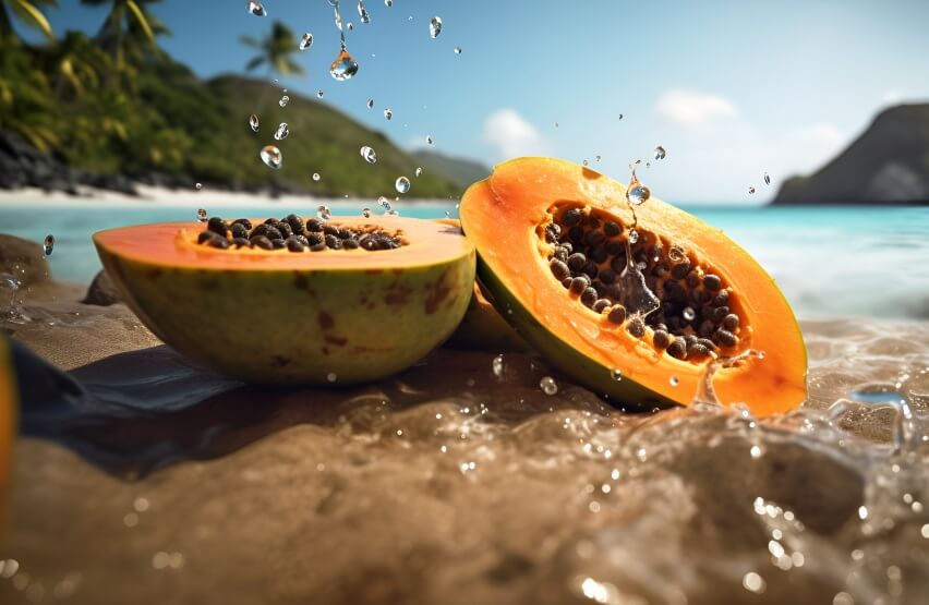 Papaya fruits and seeds in the beach