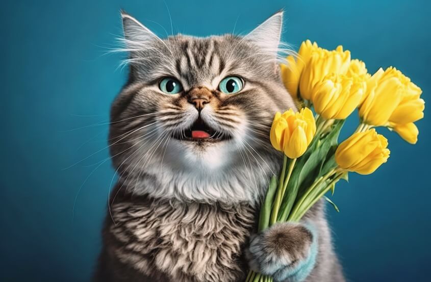cat holding daffodils